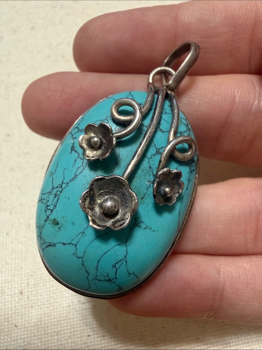 Sterling Silver 925 Turquoise Floral Silver Pendant